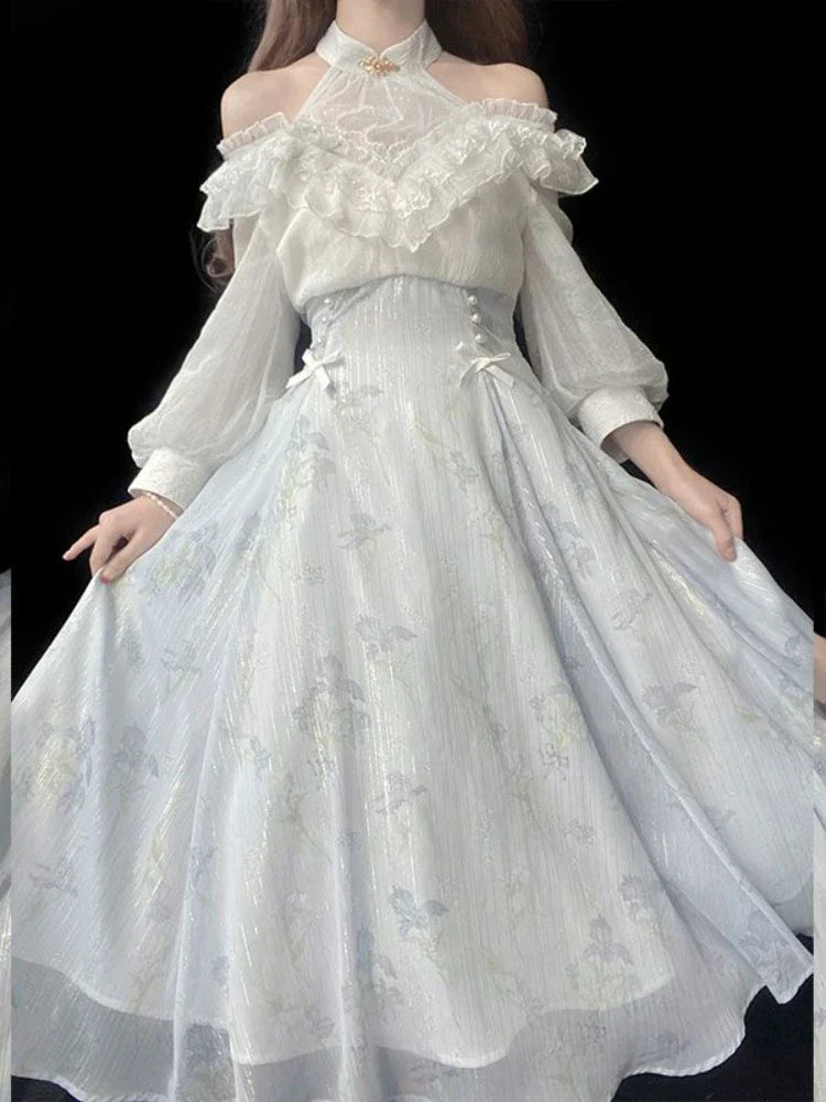 Elegant Midi Dress in Belle Époque Couture Style