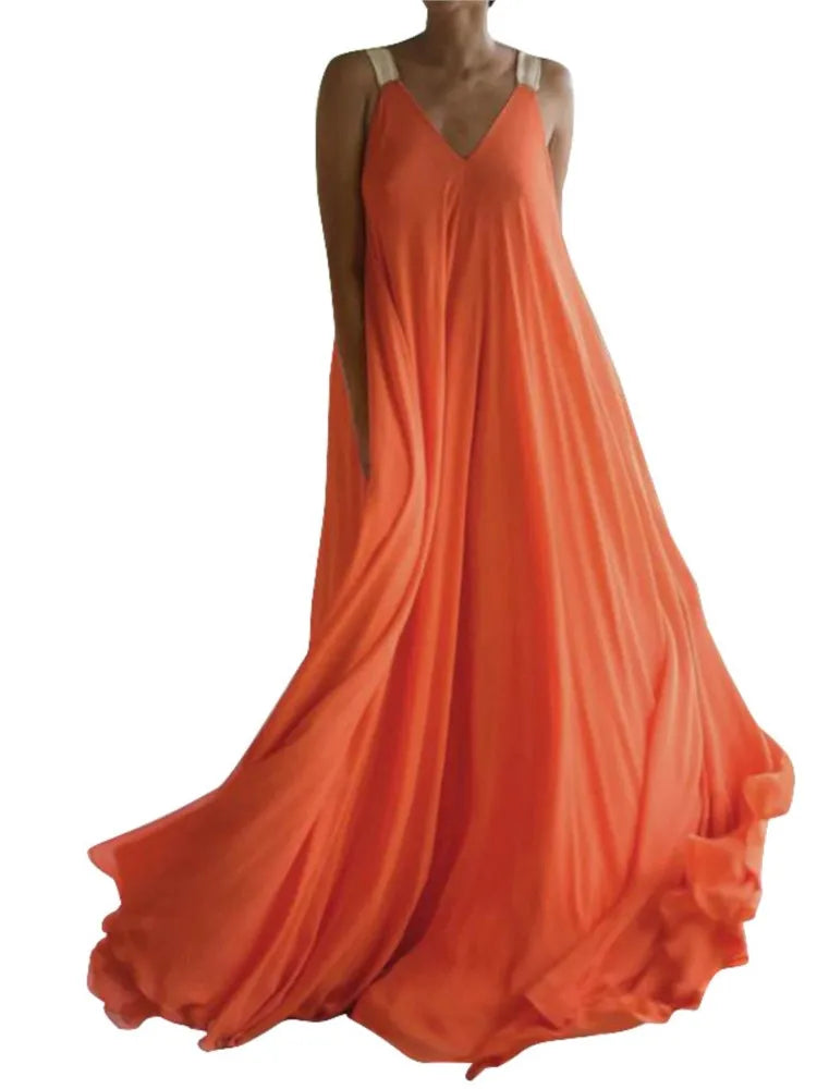 Chloë - Women's Summer Boho Maxi Dress with V-Neck, Sleeveless Design, Solid Color, Relaxed Fit