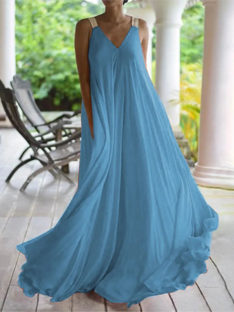 Chloë - Women's Summer Boho Maxi Dress with V-Neck, Sleeveless Design, Solid Color, Relaxed Fit