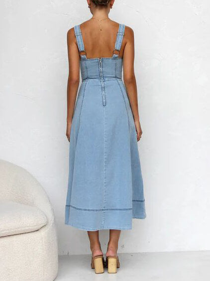 Denim-Strap Casual Midi Dress with Button-Up Front