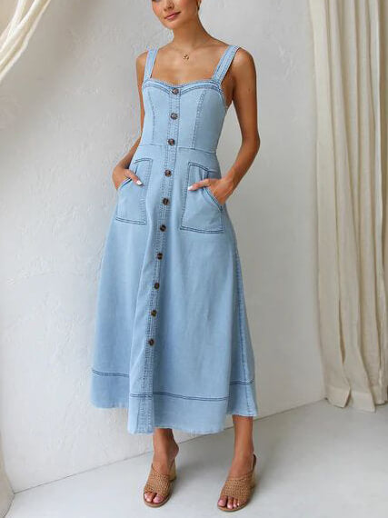 Denim-Strap Casual Midi Dress with Button-Up Front