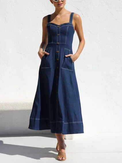 Denim-Strap Casual Midi Dress with Button-Up Front