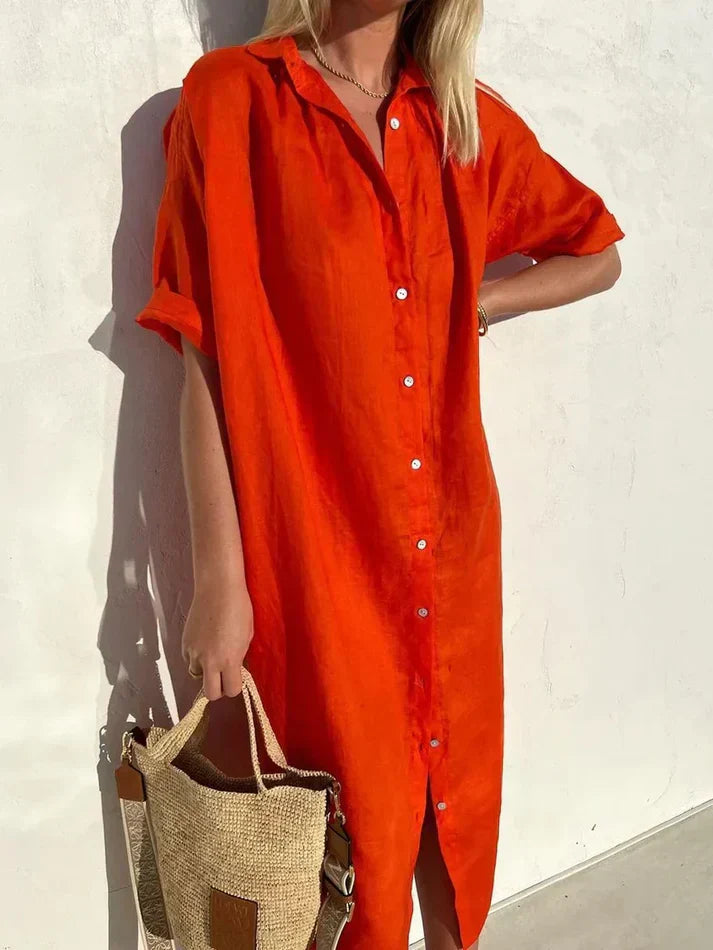 Stylish Casual Women's Dress with Wide Sleeves and Button Accents, Made from Cotton and Linen