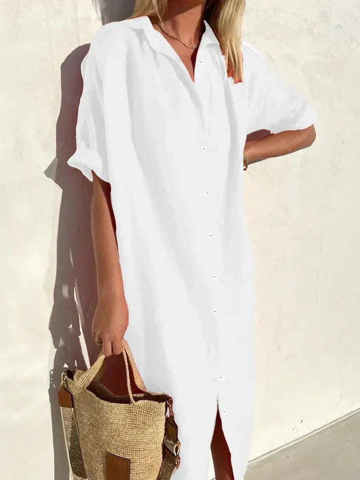 Stylish Casual Women's Dress with Wide Sleeves and Button Accents, Made from Cotton and Linen