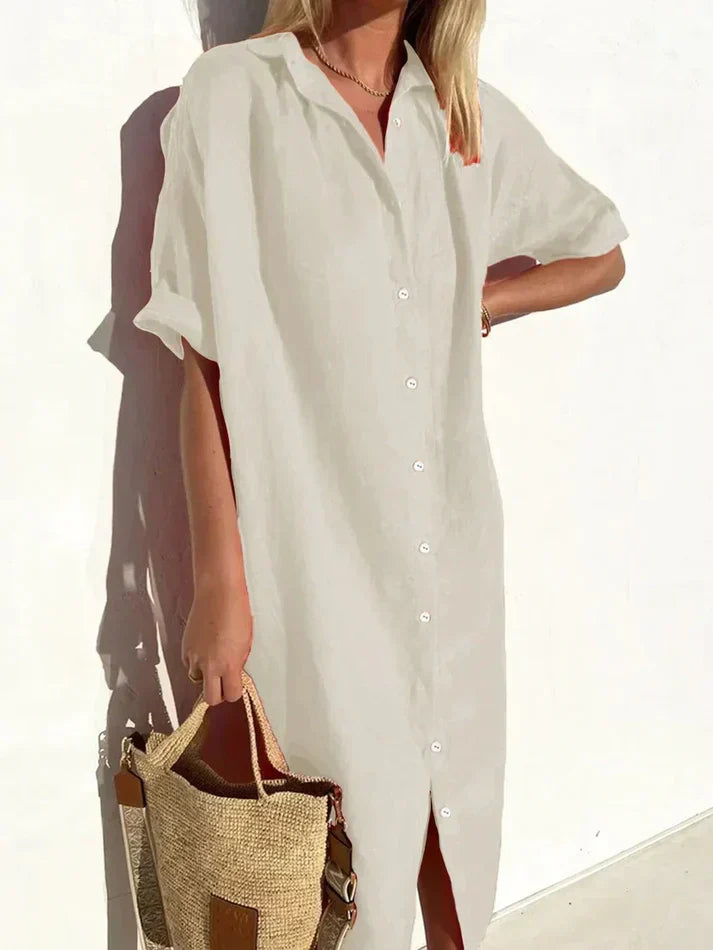 Stylish Casual Women's Dress with Wide Sleeves and Button Accents, Made from Cotton and Linen