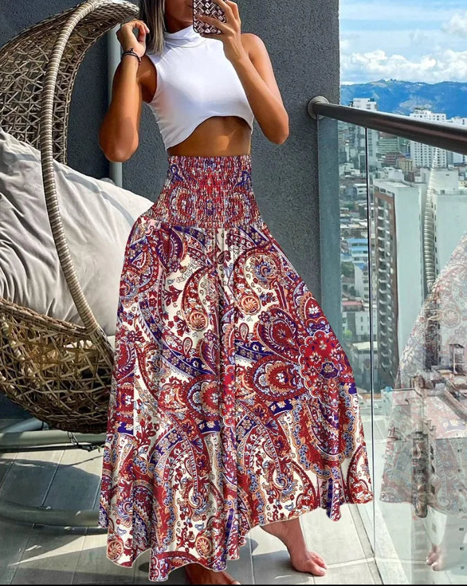 High-Waisted A-Line Skirt with Elastic Waist and Elegant Flowing Design
