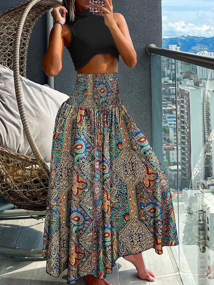 High-Waisted A-Line Skirt with Elastic Waist and Elegant Flowing Design