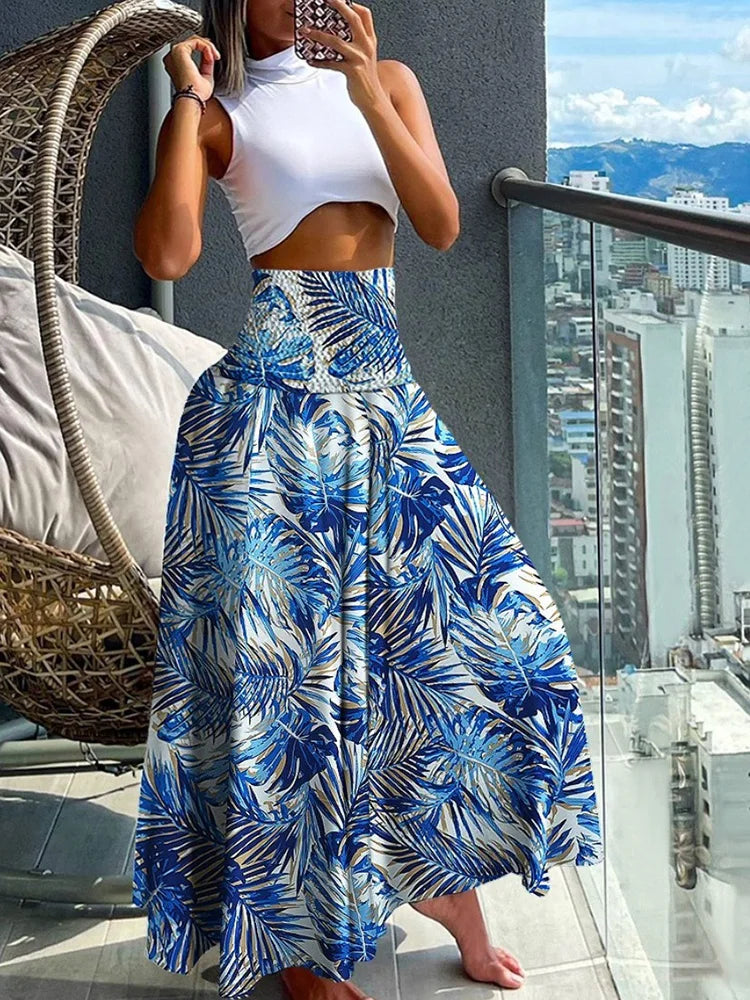 High-Waisted A-Line Skirt with Elastic Waist and Elegant Flowing Design