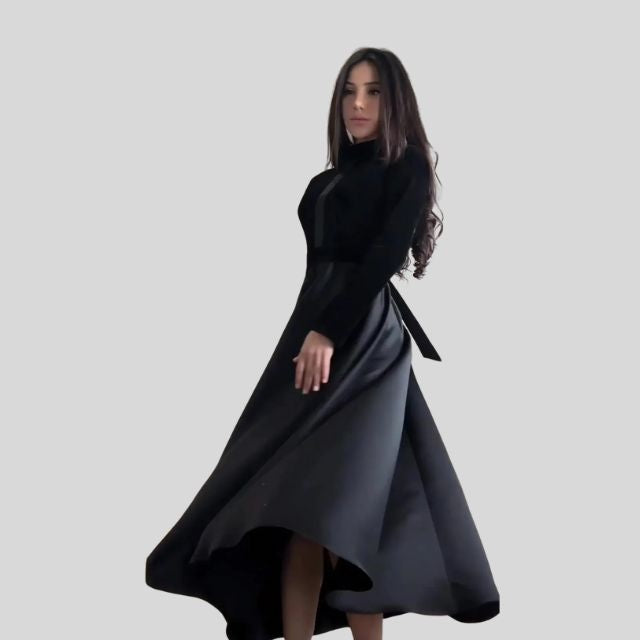 Elegant Velvet Turtleneck Dress with Flared Skirt