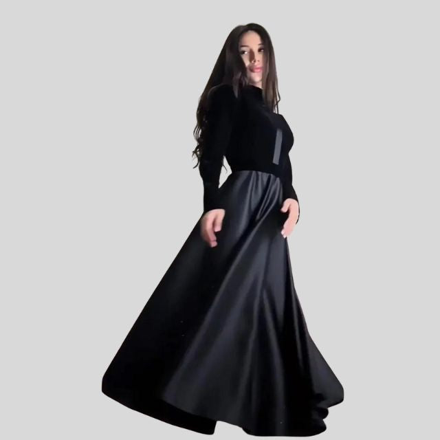 Elegant Velvet Turtleneck Dress with Flared Skirt