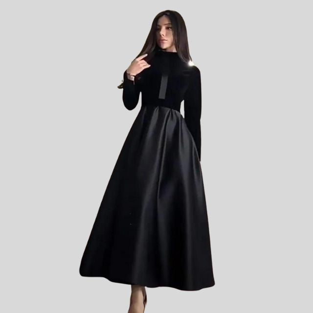 Elegant Velvet Turtleneck Dress with Flared Skirt