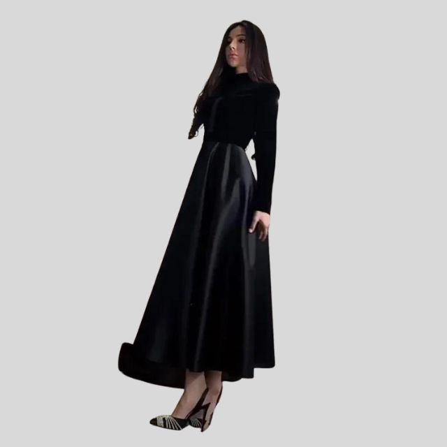 Elegant Velvet Turtleneck Dress with Flared Skirt