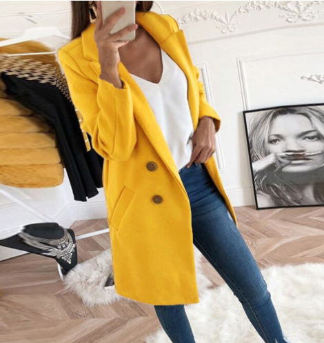 Double-Breasted Wool Coat for Women with Notched Collar