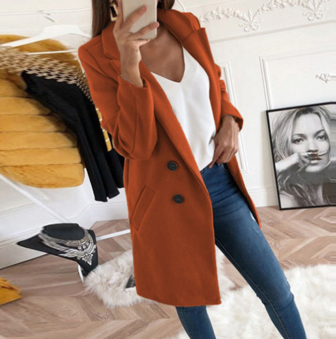 Double-Breasted Wool Coat for Women with Notched Collar