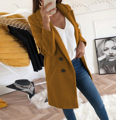Double-Breasted Wool Coat for Women with Notched Collar